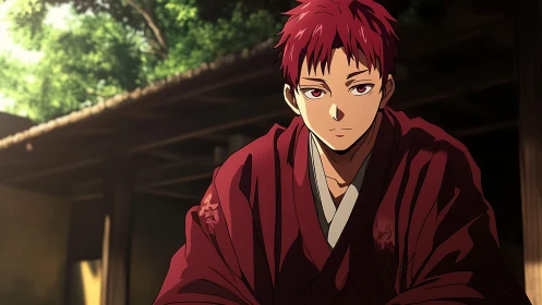 Quiet red-haired samurai in soft afternoon courtyard light.