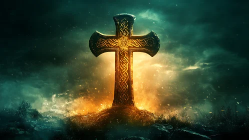 Luminous Celtic stone cross monument amid storm lit horizon