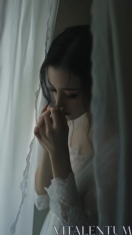 Soft windowlight prayer in quiet lace and drifting curtains.