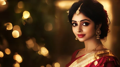 Portrait of woman in traditional attire with bokeh lights.