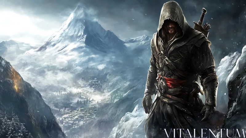 Hooded armed figure stands before snow-covered mountain range