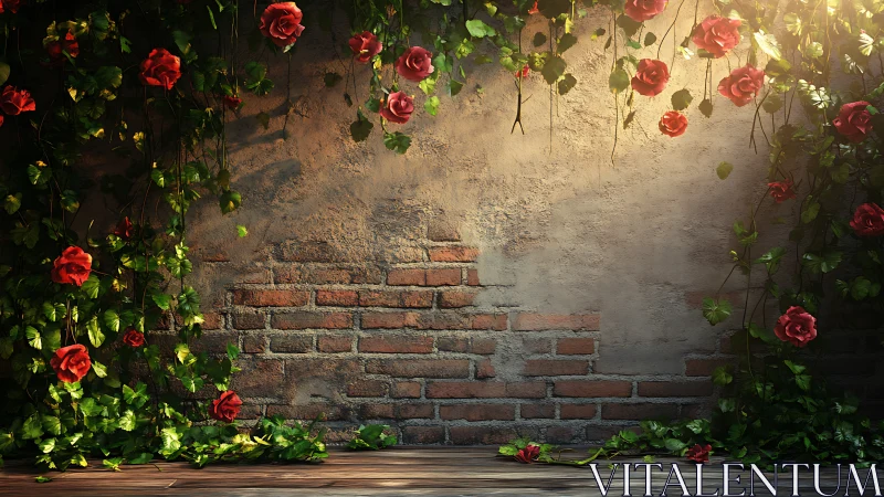 Hanging Red Roses Against Weathered Brick Wall With Wooden Flooring