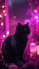 Black cat positioned in magenta-lit environment with light sources.