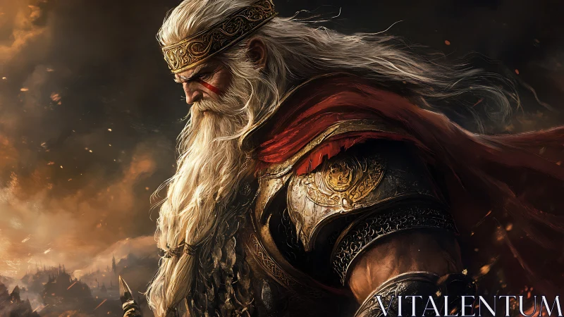 Storm-burnished war king bows beneath an ember-choked sky