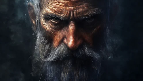 Brooding elder’s intense stare cuts through shadowed smoke