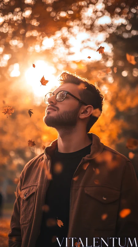 Autumn portrait in golden backlight with drifting leaves.