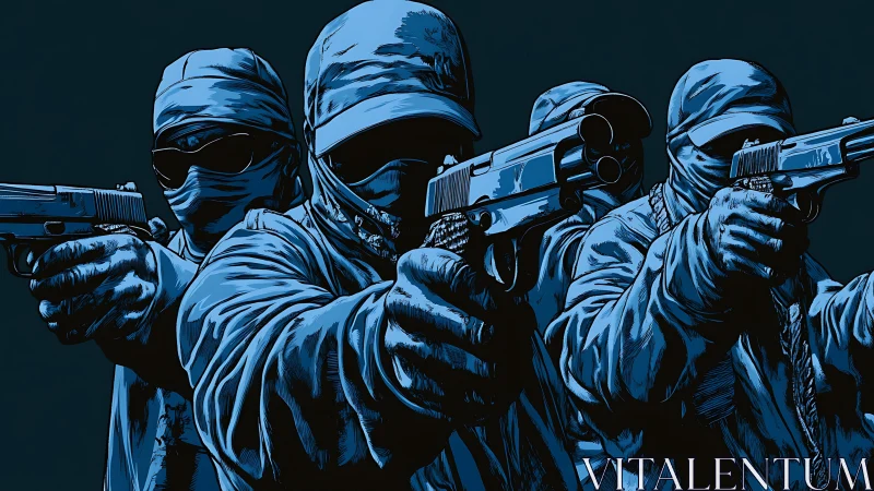 Armed masked squad aiming pistols in tense blue illustration.