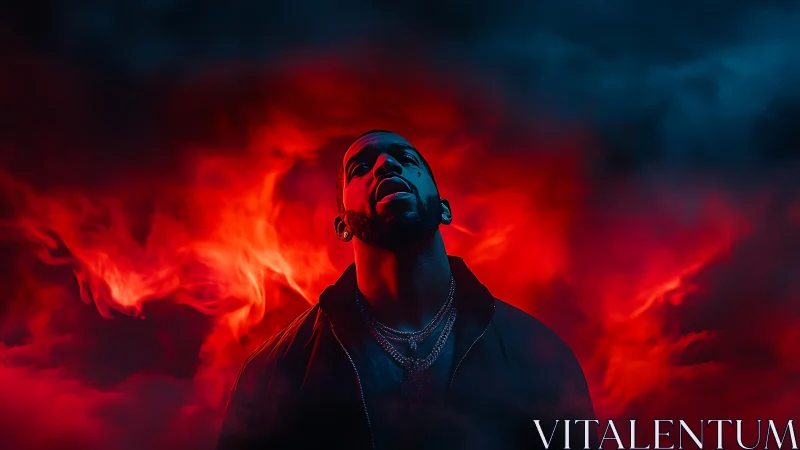 Silhouetted male figure amid red smoke and dark clouds.