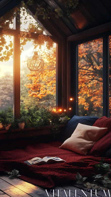 Photorealistic autumn window nook with warm ambient lighting.
