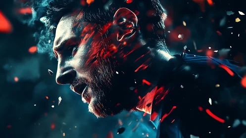 Shattered ember portrait of intense bearded man in motion.