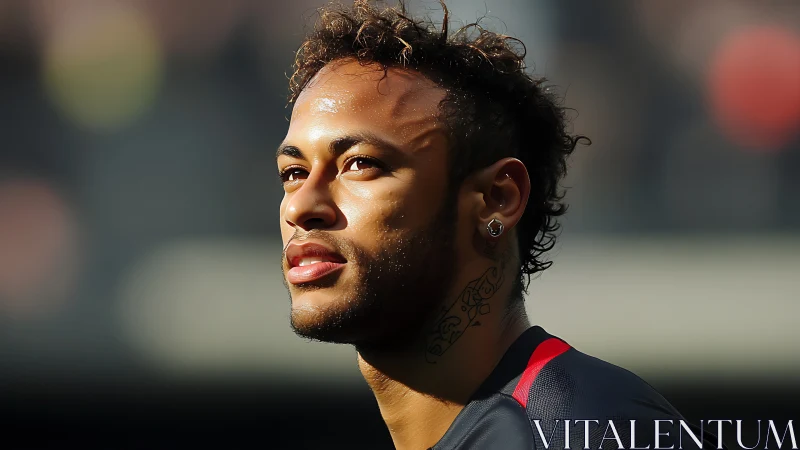 Side profile of male footballer in sunlight during match.