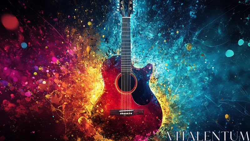 Colorful acoustic guitar stands in a burst of radiant paint