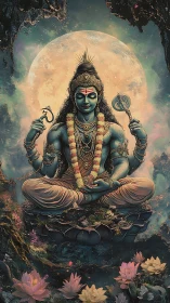 Celestial Shiva in lotus meditation before radiant full moon
