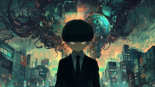 Neon-eyed boy before a tangled techno-apocalypse sky.