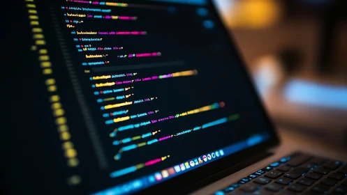 Low-light laptop screen displays syntax highlighted source code lines