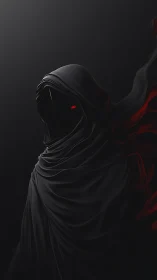 Hooded wraith in deep black drapery with emissive red eye glow