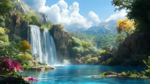 Luminous mountain waterfall beside crystalline turquoise lagoon.