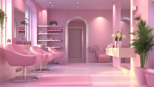 Pink salon interior shows symmetric seating and product shelves