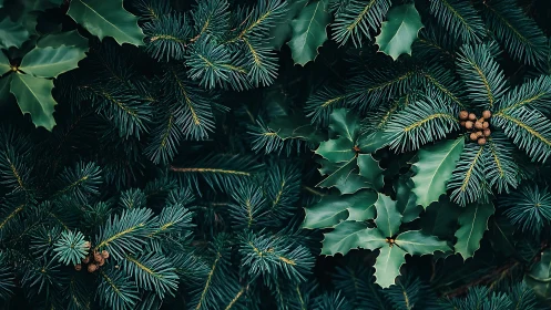 Evergreen branches and holly leaves create calm winter depth