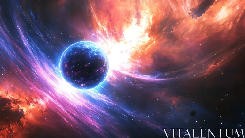 Glowing planet framed by vivid cosmic nebula currents.