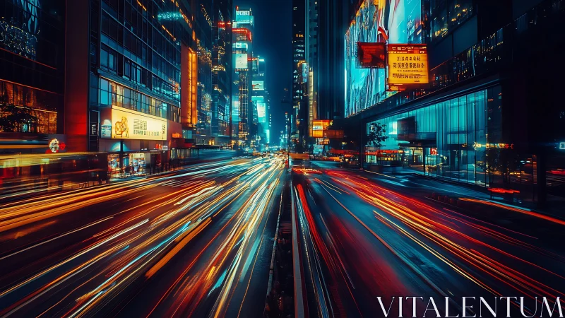 Neon lit city street with fast traffic light trails at night.