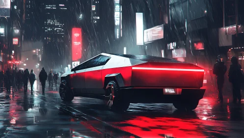 Futuristic electric pickup glows through neon city rain