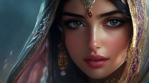 Hyperreal digital portrait of veiled woman with jeweled adornment