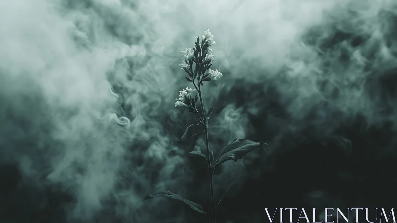 Single flowering plant surrounded by dense swirling smoke.