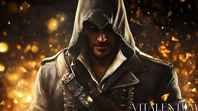 Hooded rogue stands in burning golden embers of darkness