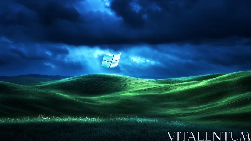Windows logo glows above stylized green hills at night