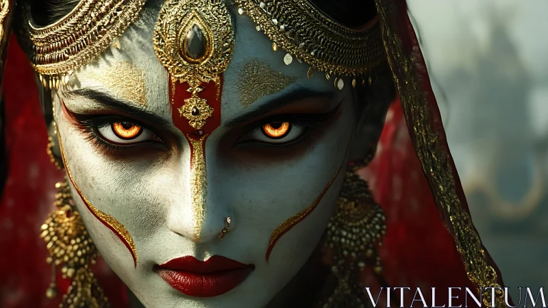 Fierce goddess-like gaze glows amid ornate golden adornment