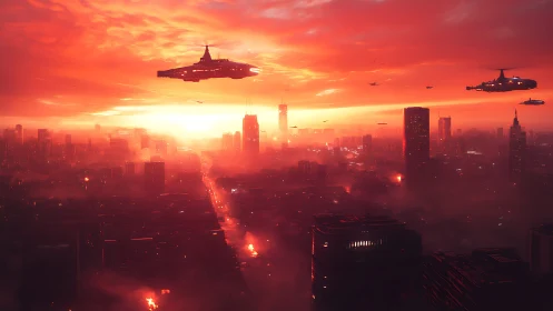 Burning sky over invaded futuristic metropolis at dusk.