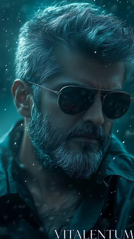 Cool silver-haired rebel in teal glow and drifting snow.