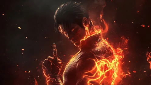 Fiery male figure in dark background with glowing embers.