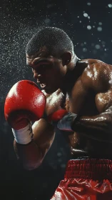 Boxer in Motion with Red Gloves and Sweat Spray