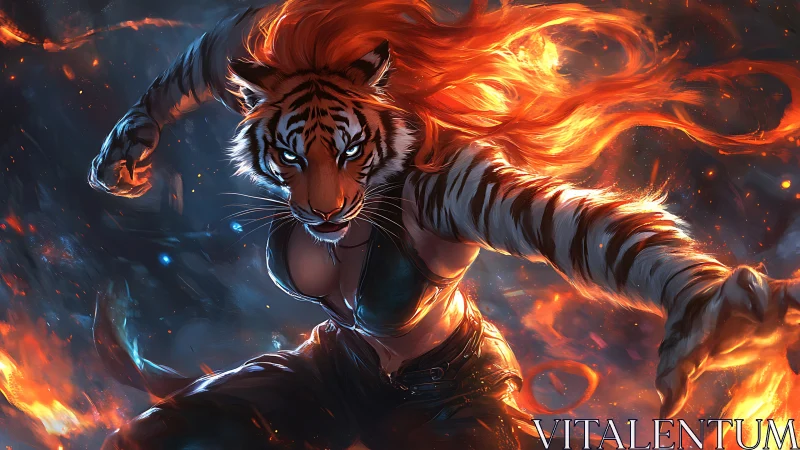 Anthropomorphic tiger warrior lunges through dynamic firelight