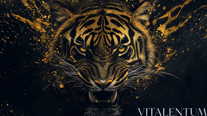 Roaring tiger portrait bursting through golden paint splashes.