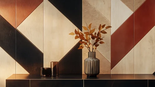 Geometric wall pattern with vase and dried foliage arrangement.