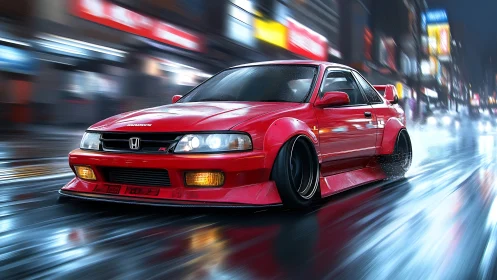 Red Honda coupe time-attack build on wet neon city street