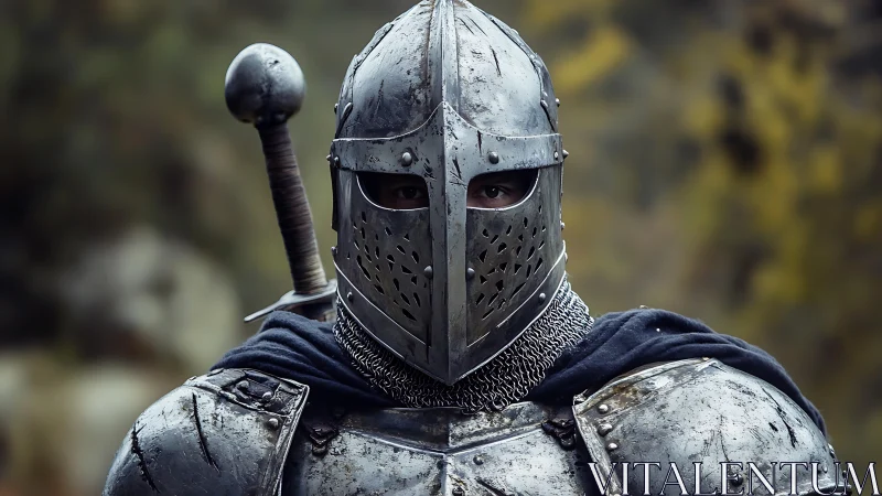 Armored medieval knight in steel helmet and chainmail.