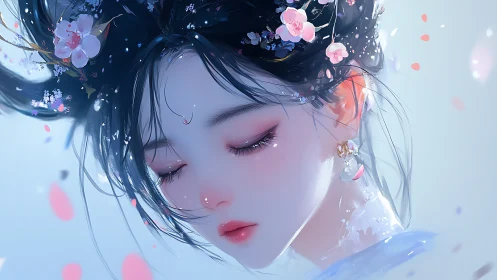 Digital anime portrait with floral adornment and soft gradients.