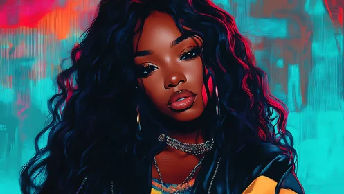 Chromatic portrait of neon-lit woman in high-saturation digital style.