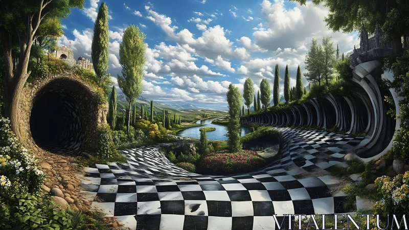 Curved chessboard valley bending into lush dream tunnels.