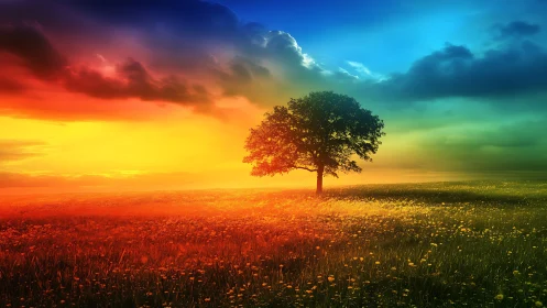 Solitary oak on chromatic meadow under prismatic sky gradient.