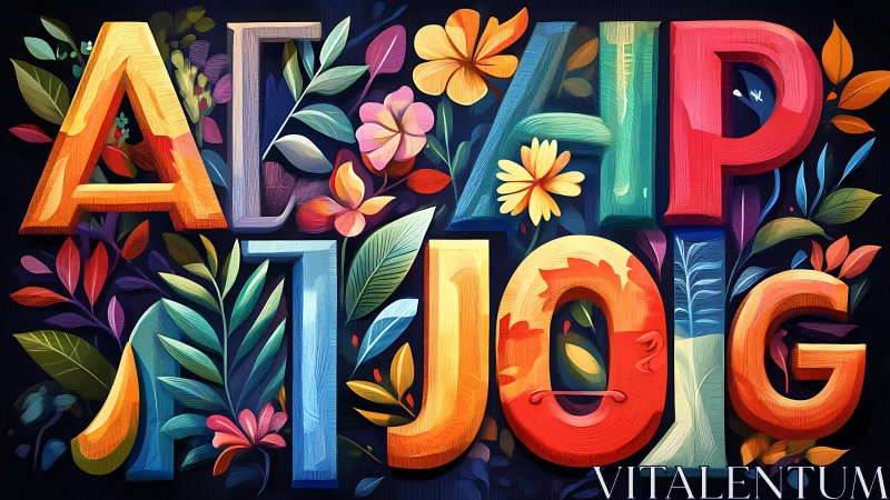 Colorful 3D letters interwoven with lush tropical foliage