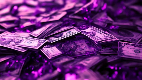 Glimmering purple glow wraps stacks of scattered dollar bills