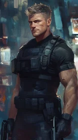 Tactical operative portrait in brush-textured digital armor.