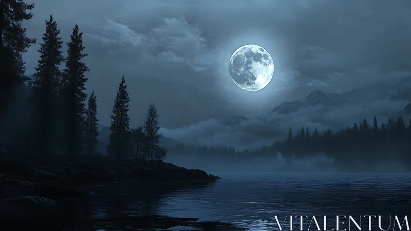 Moonlight slips like silver ink across the misty lake