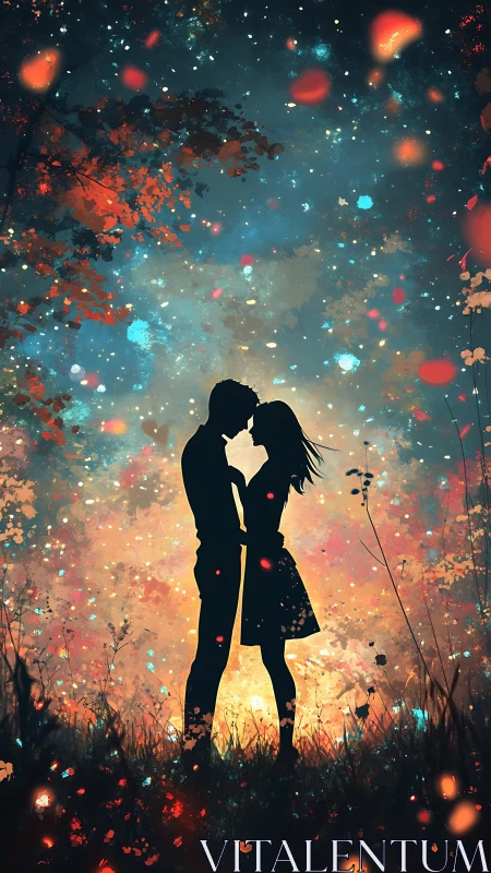 Silhouetted Couple Kiss Amid Luminous Particle Explosion