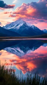 Snowy mountain peak reflects in still lake at vivid sunset